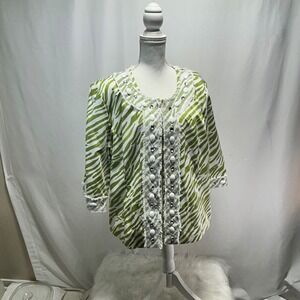 Silk Land Collection Green White Zebra Print Beaded Fringe Jacket Women's 2X NWT